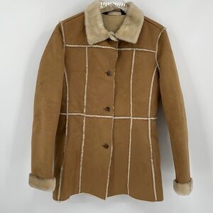 Andrew Marc New York faux suede shearling winter coat jacket fur tan women M